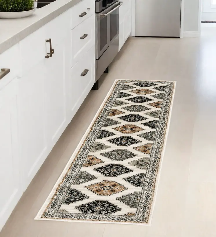 2' X 8' Abstract Ivory And Gray Geometric Indoor Runner Rug