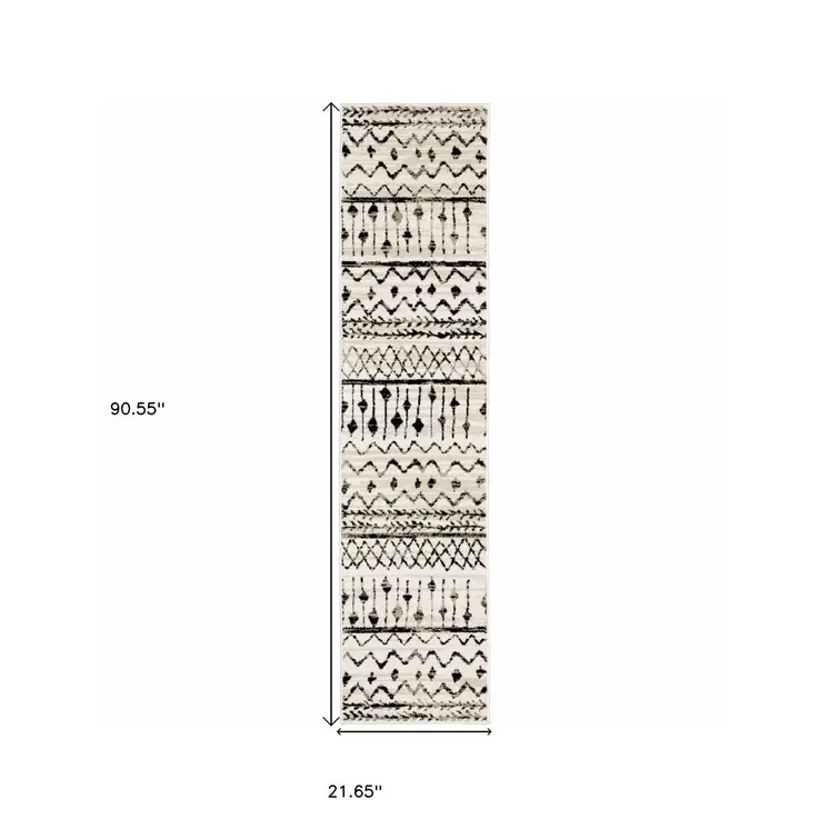 8' Ivory And Black Tribal Runner Rug