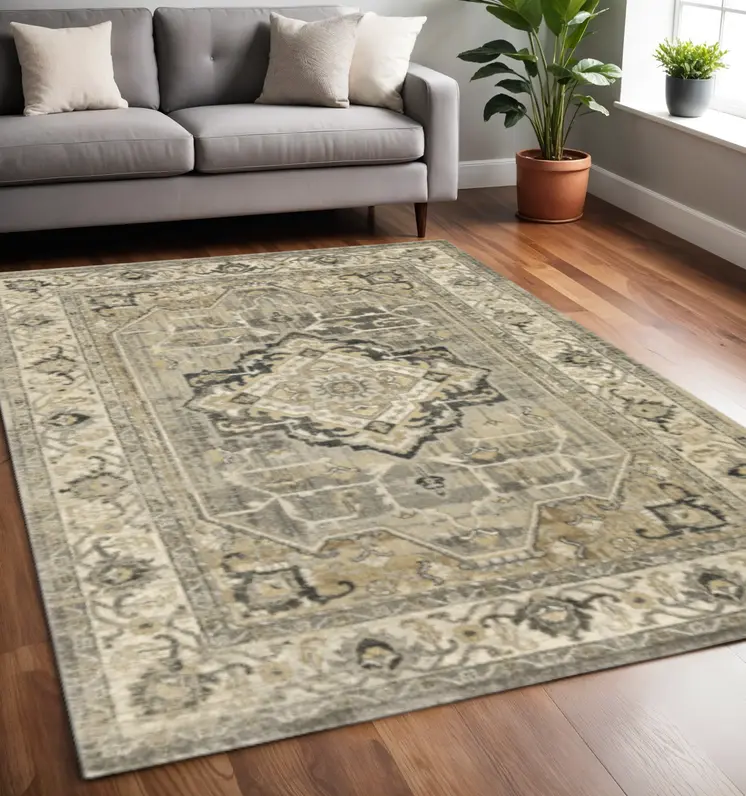 5' X 8' Beige And Gray Medallion Distressed Area Rug