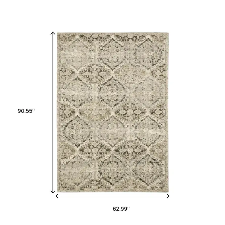 5' X 8' Ivory And Gray Trellis Distressed Area Rug