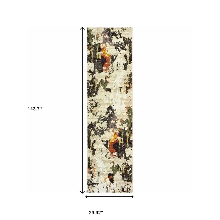 12' Beige Black And Green Abstract Runner Rug