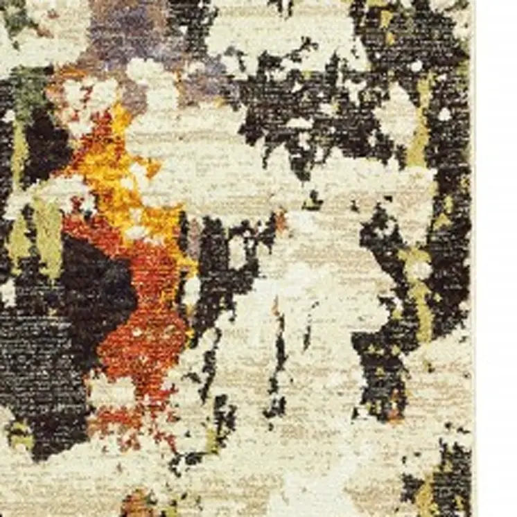12' Beige Black And Green Abstract Runner Rug