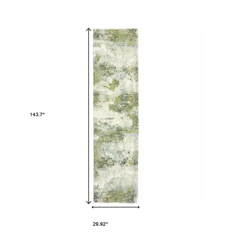 12' Ivory Sage And Teal Abstract Runner Rug
