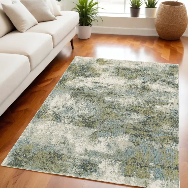 5' X 7' Ivory Sage And Teal Abstract Area Rug