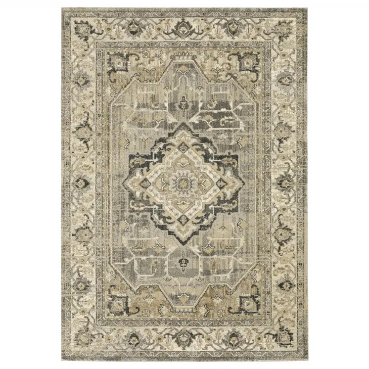 7' X 10' Beige And Gray Medallion Distressed Area Rug