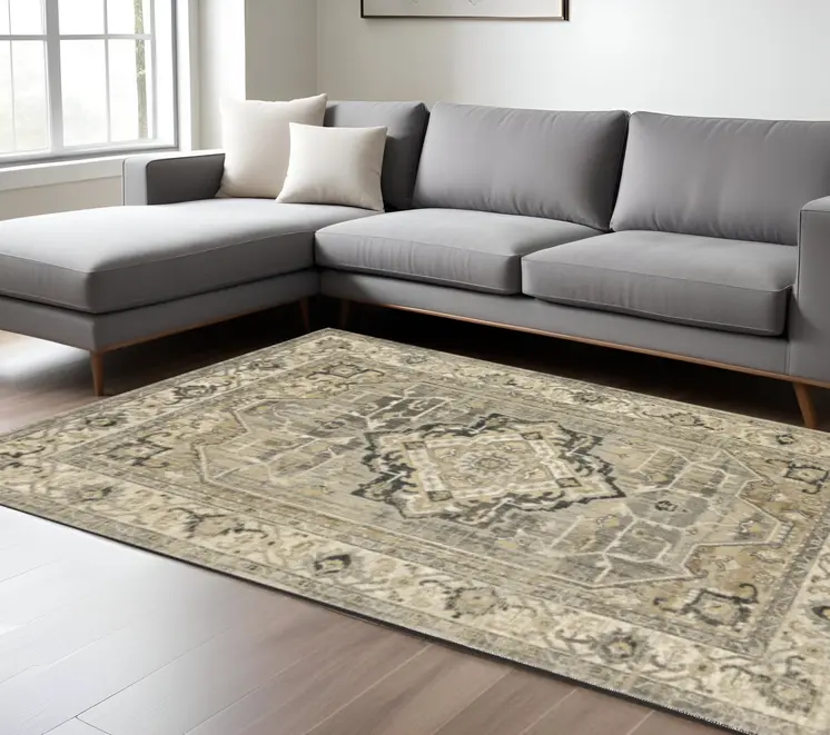 7' X 10' Beige And Gray Medallion Distressed Area Rug