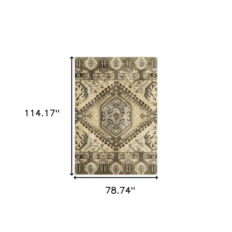 7' X 10' Tan And Gold Medallion Area Rug