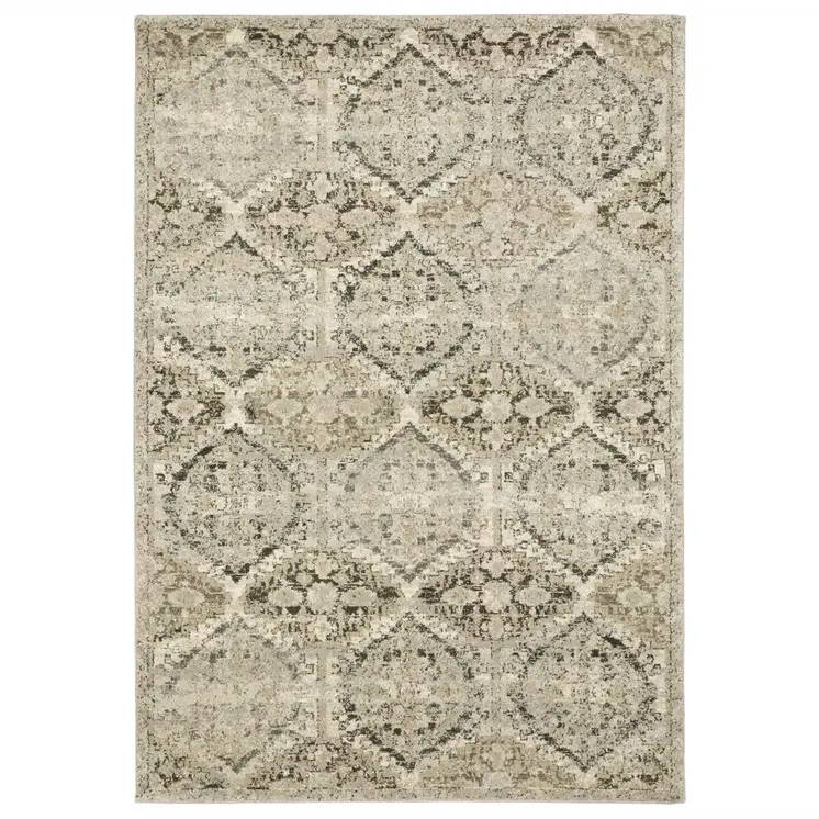 8' X 11' Ivory And Gray Trellis Distressed Area Rug