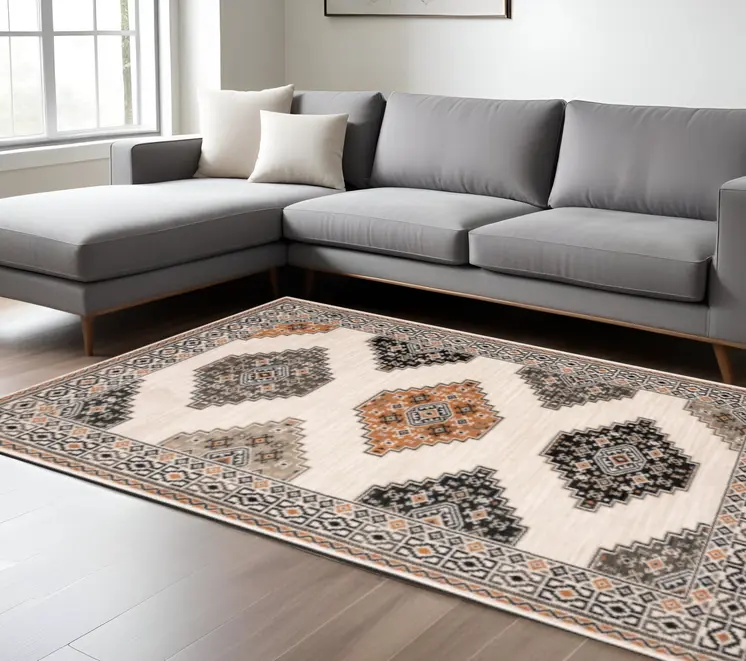 10' X 13' Ivory Gray And Orange Geometric Distressed Area Rug