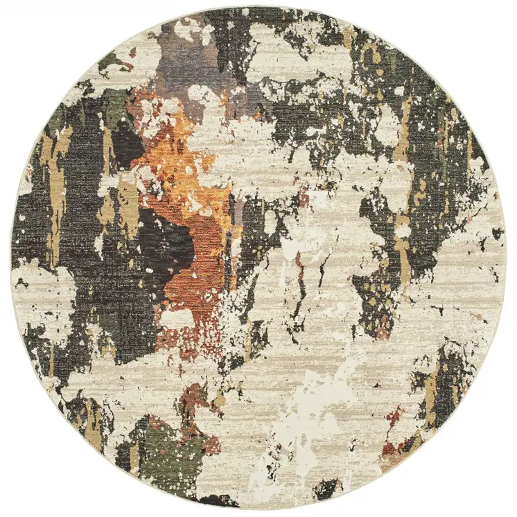 8' Beige and Black Round Power Loom Area Rug