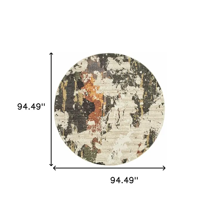 8' Beige and Black Round Power Loom Area Rug