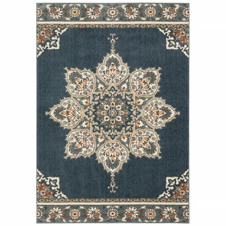 10' X 13' Blue And Beige Floral Medallion Area Rug