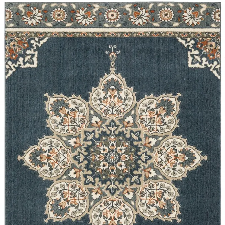 10' X 13' Blue And Beige Floral Medallion Area Rug