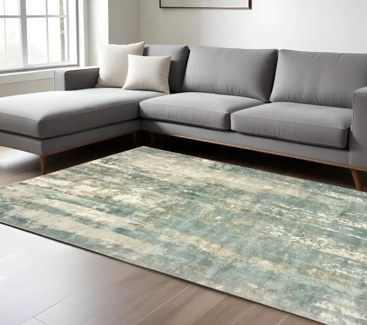 8' X 10' Blue And Gray Abstract Hand Loomed Distressed Area Rug