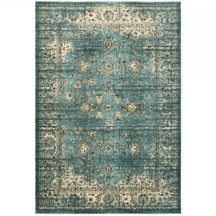 10' X 13' Blue And Ivory Medallion Distressed Area Rug