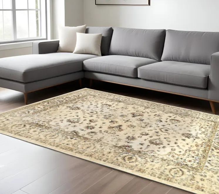 8' X 11' Ivory And Gold Medallion Distressed Area Rug