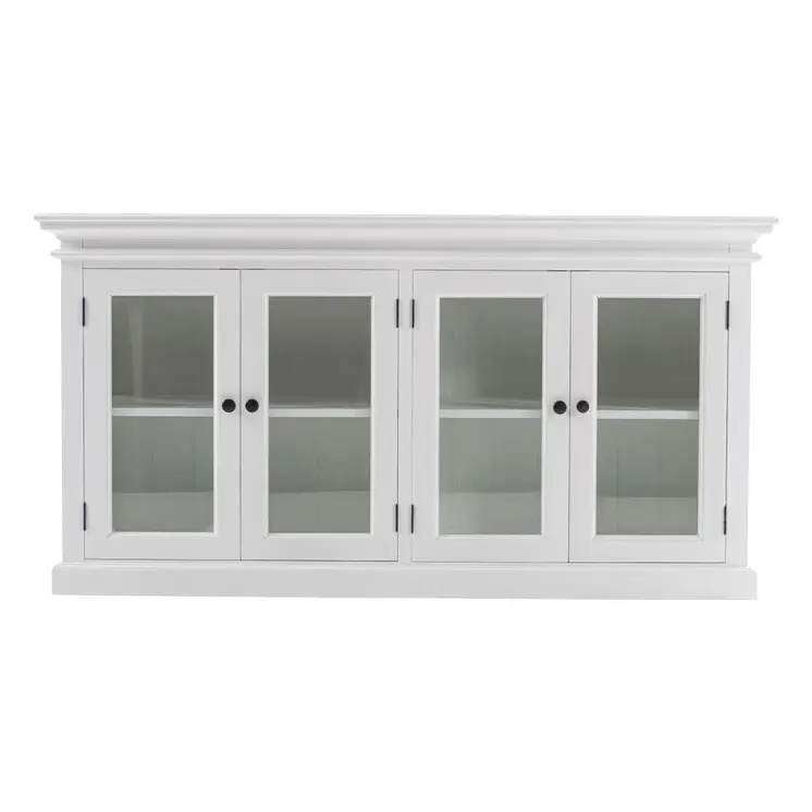 64" White Distressed Solid Wood Sideboard with Four Glass Doors