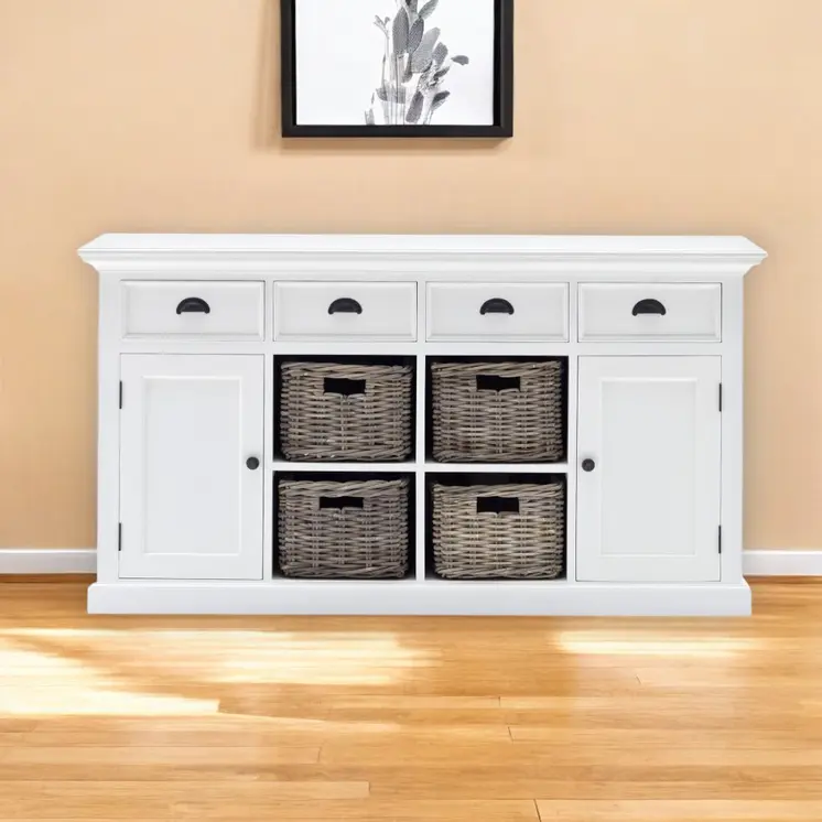 63" White Solid Wood Four Drawer Sideboard with Two Doors