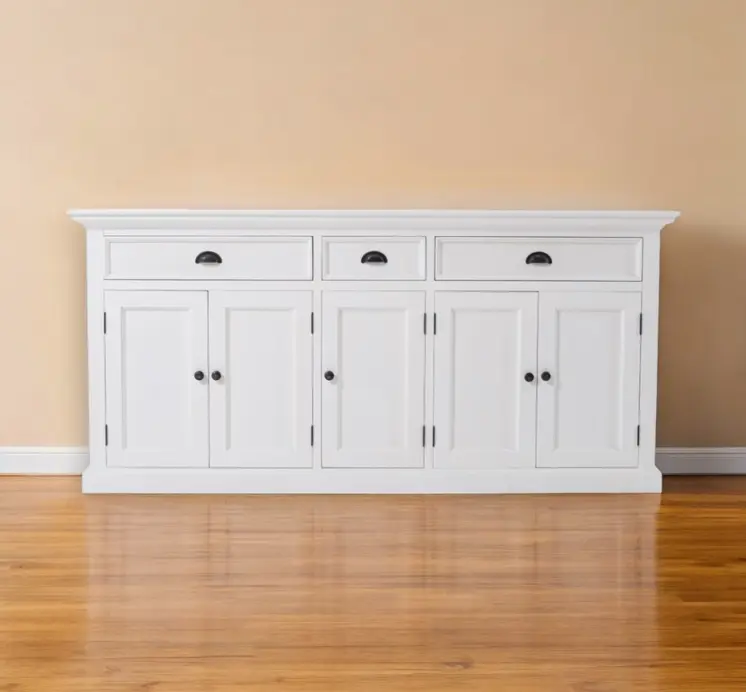 71" White Solid Wood Three Drawer Sideboard with Five Doors