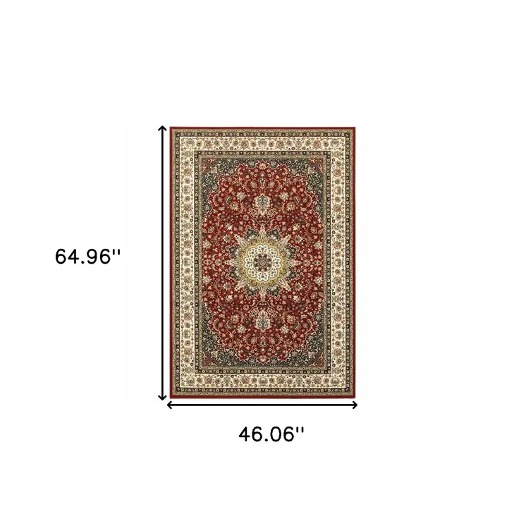 4' X 6' Red And Ivory Floral Medallion Area Rug