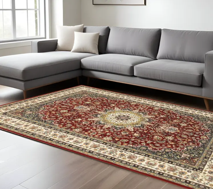 10' X 13' Red And Ivory Floral Medallion Area Rug