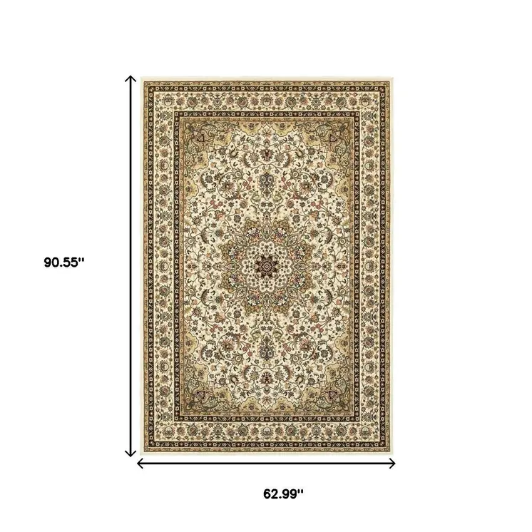 5' X 8' Ivory And Beige Floral Medallion Area Rug