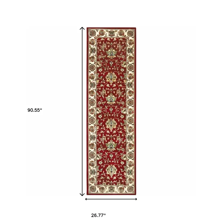 8' Red And Ivory Runner Rug