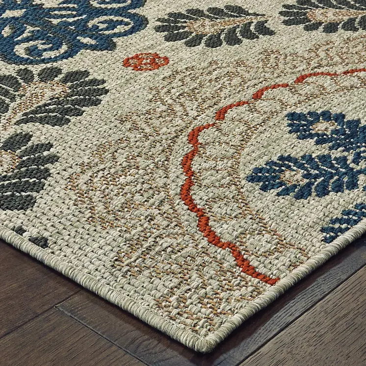 7' X 9' Blue And Gray Damask Indoor Outdoor Area Rug