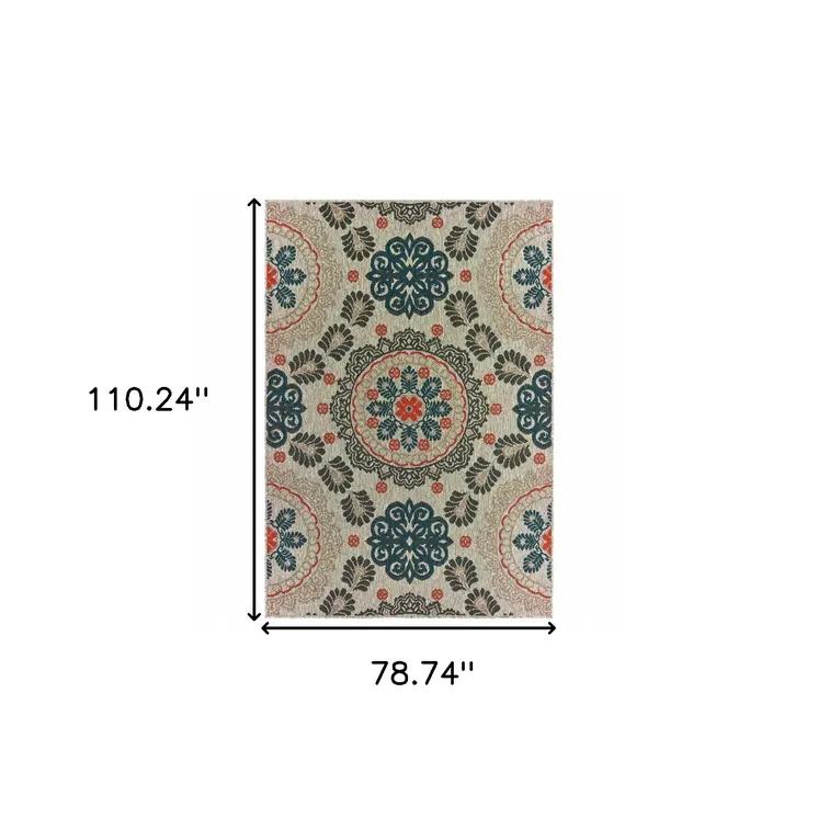 7' X 9' Blue And Gray Damask Indoor Outdoor Area Rug