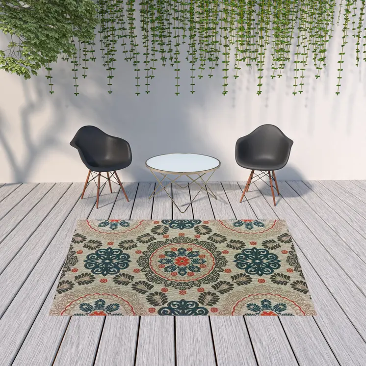 7' X 9' Blue And Gray Damask Indoor Outdoor Area Rug