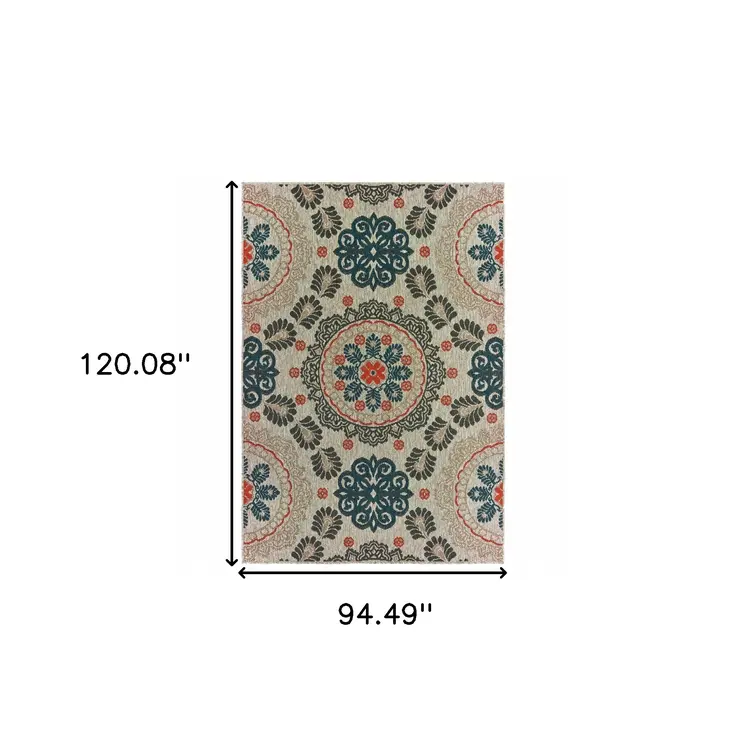 8' X 10' Blue And Gray Damask Indoor Outdoor Area Rug