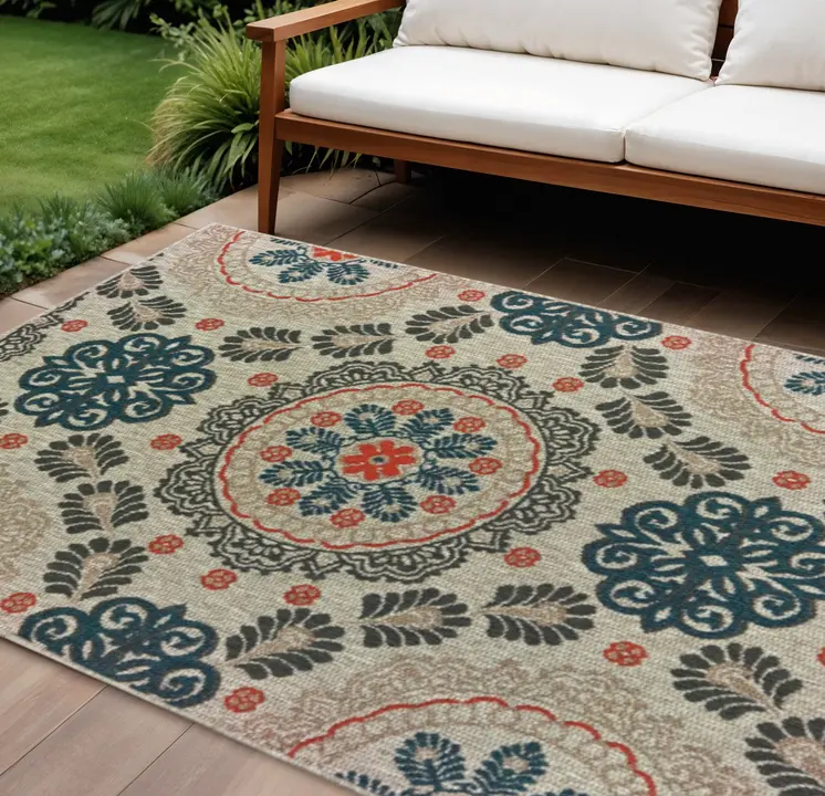 8' X 10' Blue And Gray Damask Indoor Outdoor Area Rug