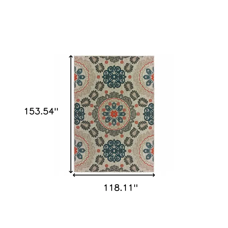 10' X 13' Blue And Gray Damask Indoor Outdoor Area Rug