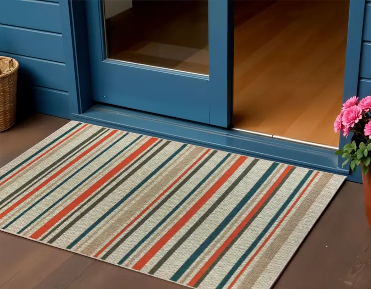 3' X 5' Blue And Gray Striped Indoor Outdoor Area Rug