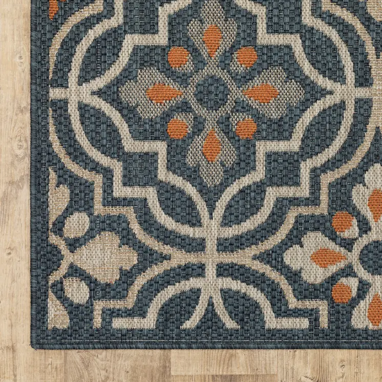 10' X 13' Blue and Orange Moroccan Indoor Outdoor Area Rug