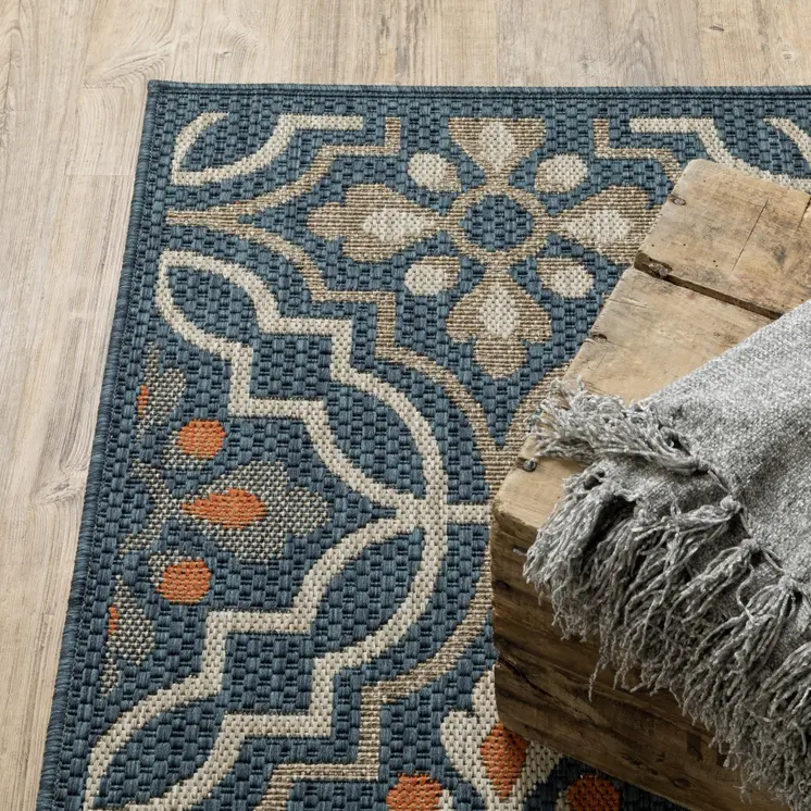 10' X 13' Blue and Orange Moroccan Indoor Outdoor Area Rug