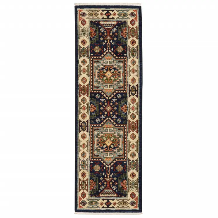 6' Blue And Ivory Wool Handmade Runner Rug
