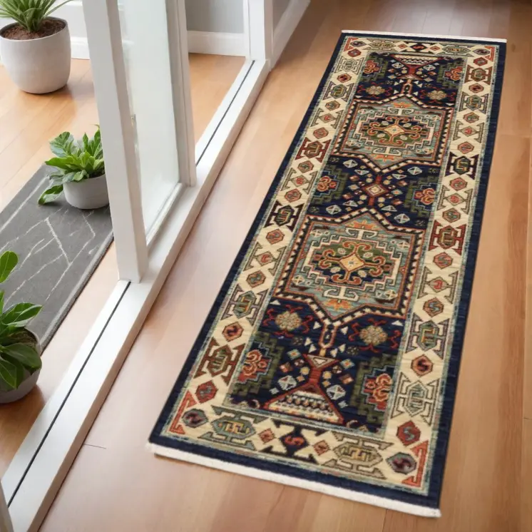 6' Blue And Ivory Wool Handmade Runner Rug