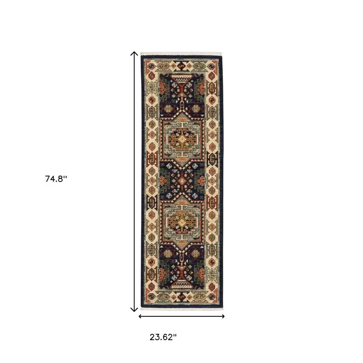 6' Blue And Ivory Wool Handmade Runner Rug