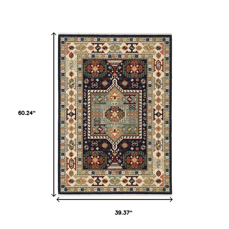 3' X 5' Blue And Ivory Medallion Area Rug