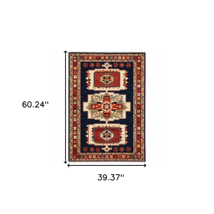 3' X 5' Blue And Red Medallion Area Rug