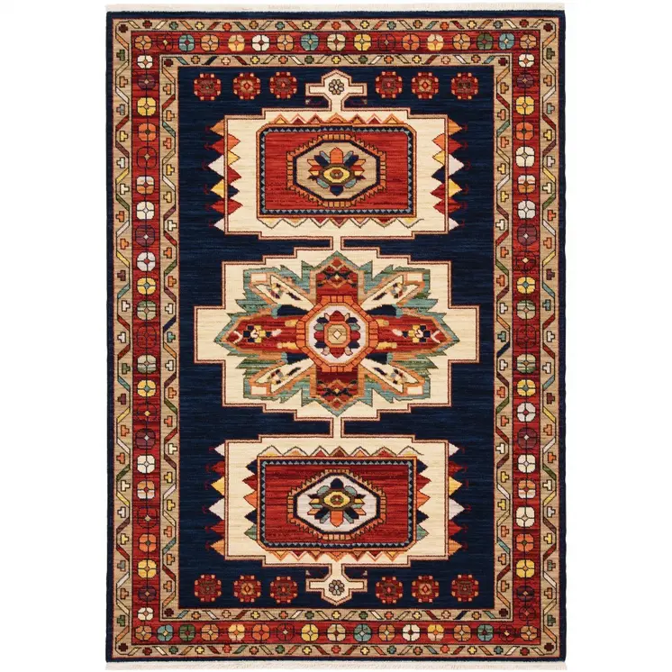 5' X 8' Blue And Red Medallion Area Rug