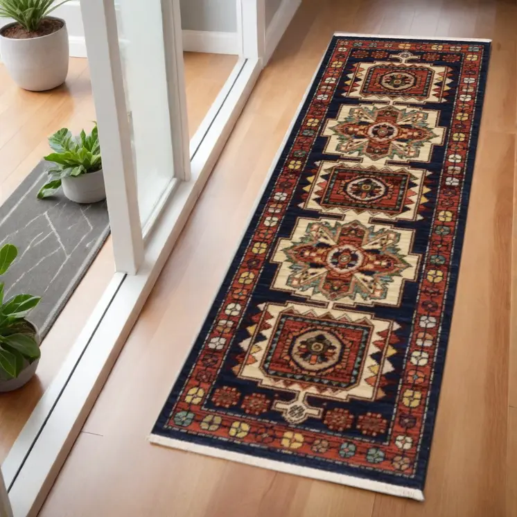 6' Blue And Red Wool Handmade Runner Rug