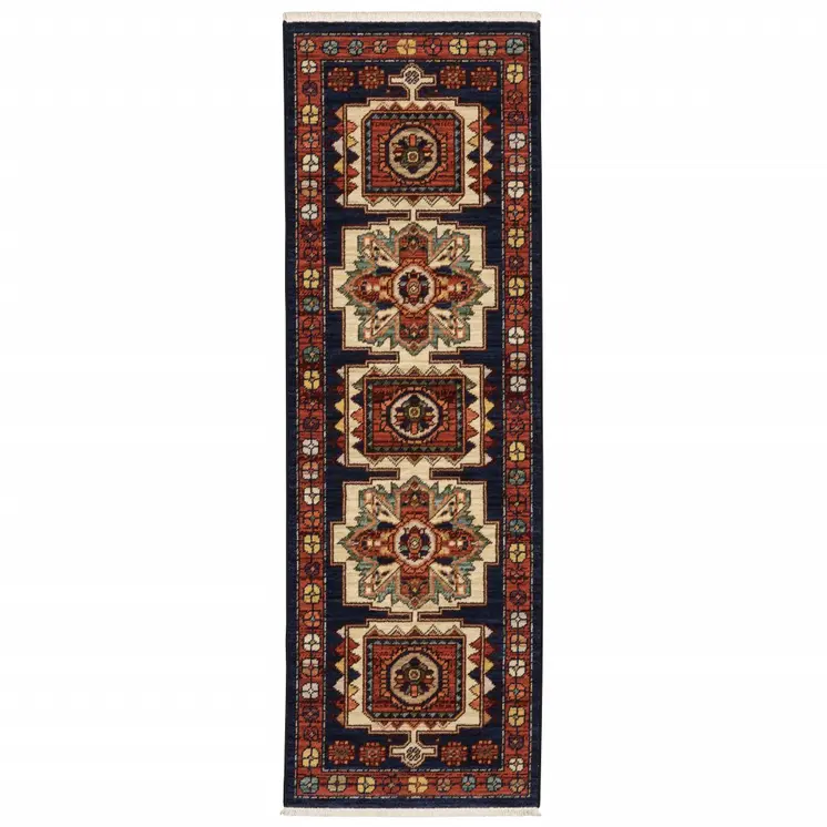 12' Blue And Red Wool Handmade Runner Rug
