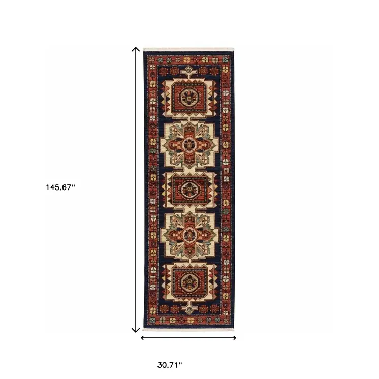 12' Blue And Red Wool Handmade Runner Rug