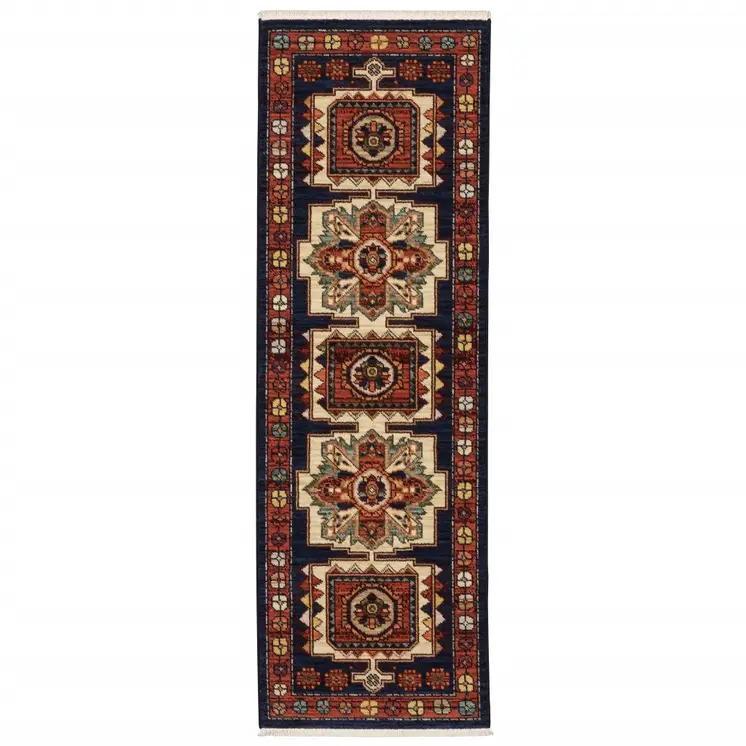 12' Blue And Red Wool Handmade Runner Rug