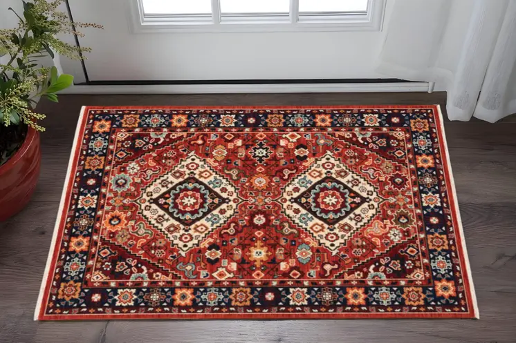 3' X 5' Red And Blue Oriental Area Rug
