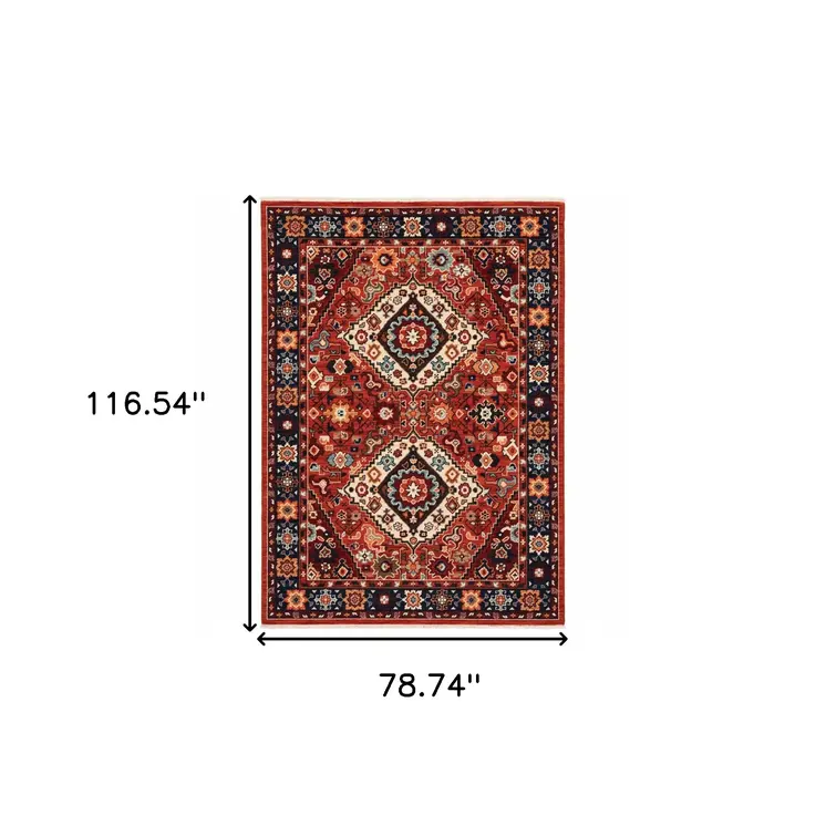 7' X 10' Red And Blue Oriental Area Rug