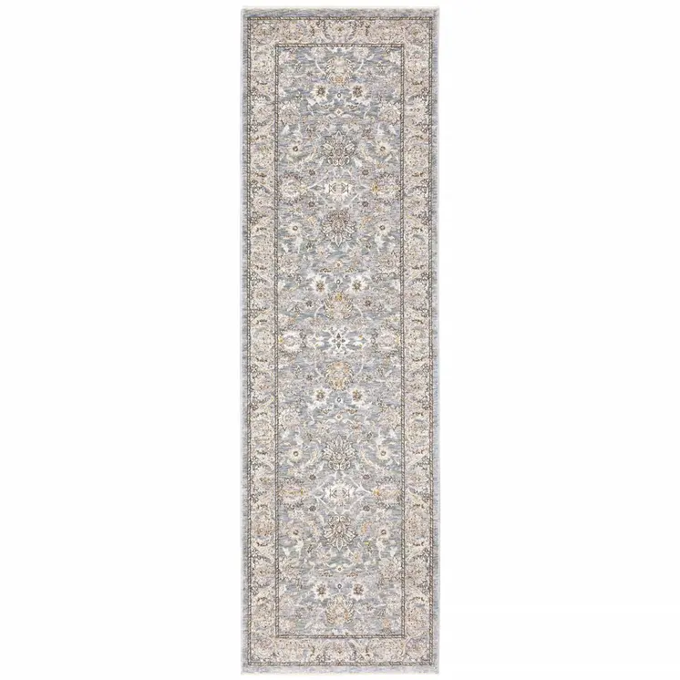 8' Blue Ivory Machine Woven Floral Oriental Indoor Runner