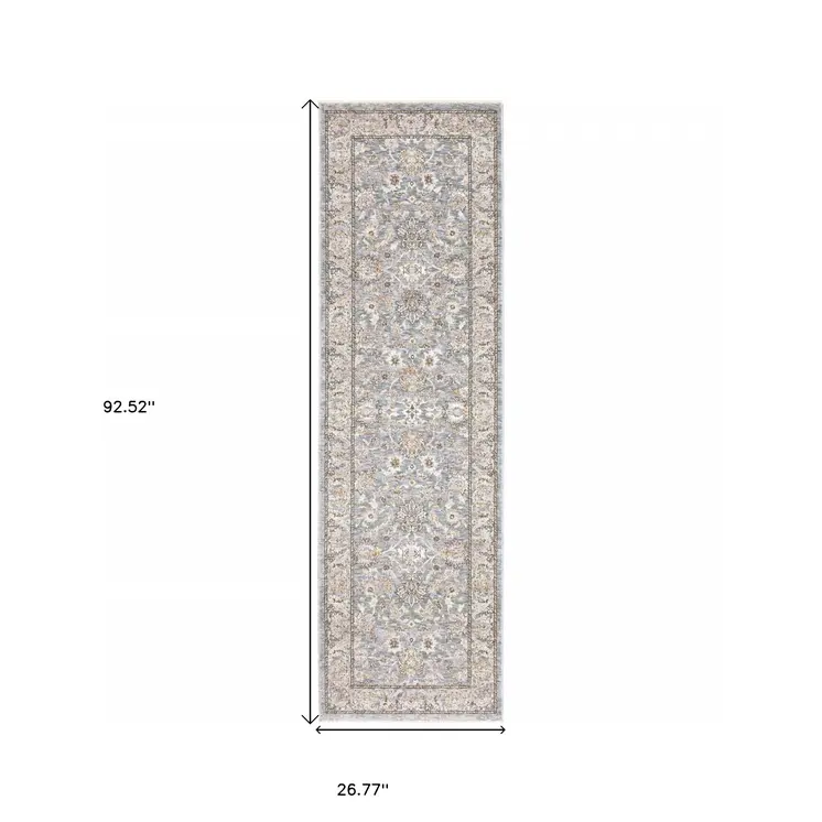 8' Blue Ivory Machine Woven Floral Oriental Indoor Runner